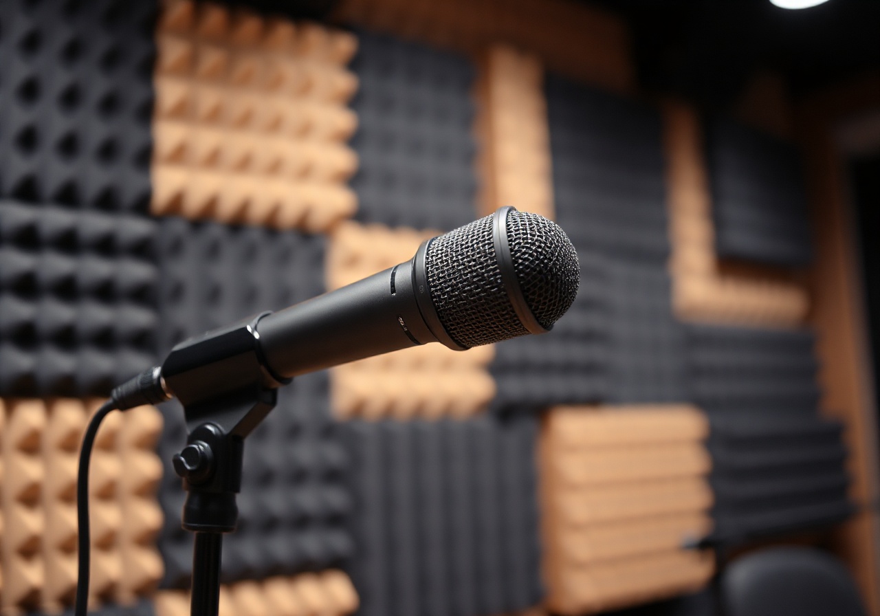 Sound engineer adjusting podcast mixing console with studio monitors and acoustic treatment